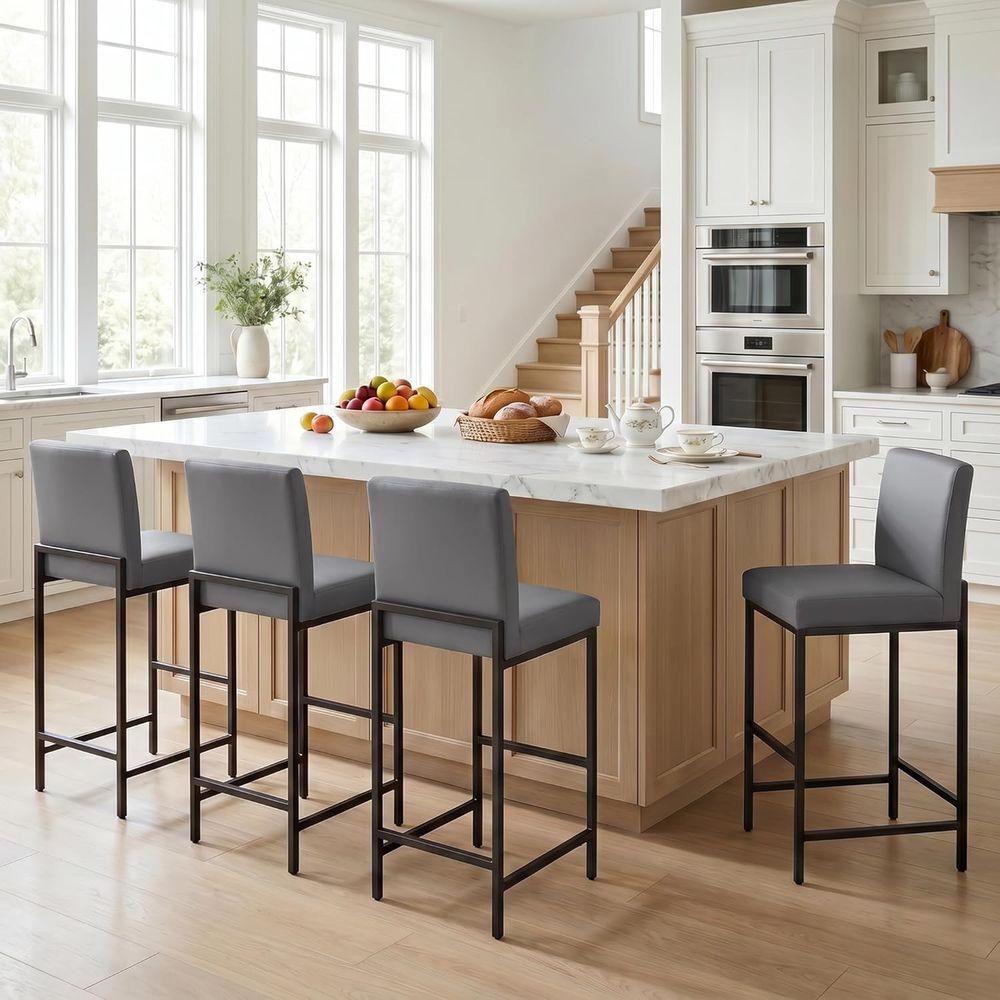 Set of 4 Grey Upholstered Leat - Home Bar Stools recension och pris